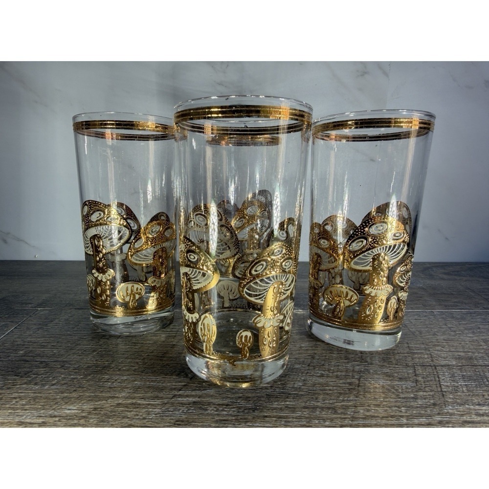 Culver MCM 22K Gold Applied Mushroom Highball Glasses Set of 4 Signed Vintage
